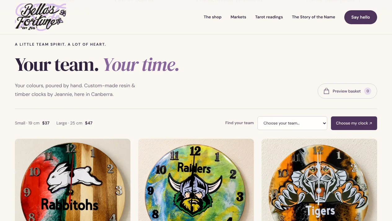 The Bella’s Fortune clock shop, with small and large prices, a team selector and handmade Rabbitohs, Raiders and Wests Tigers resin clocks