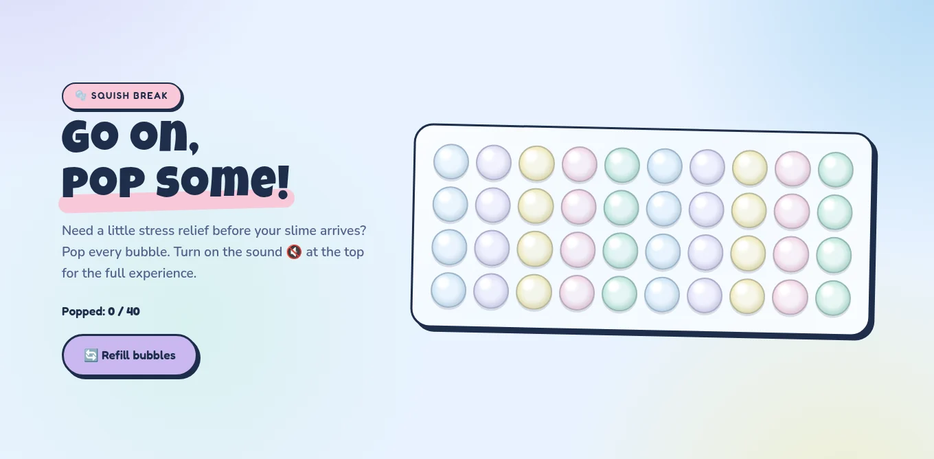 Bubble Slime’s interactive bubble-wrap board with 40 pastel bubbles, a popped counter and a refill button