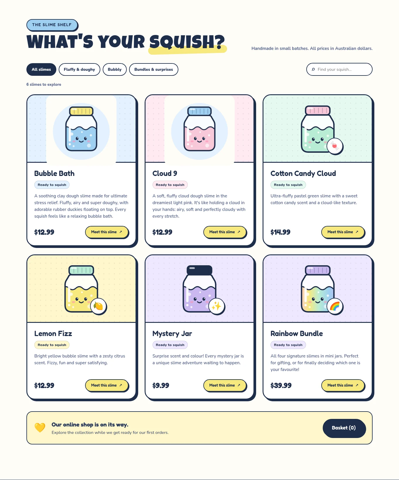 The Bubble Slime product shelf with search, texture filters and cards for the handmade slime collection