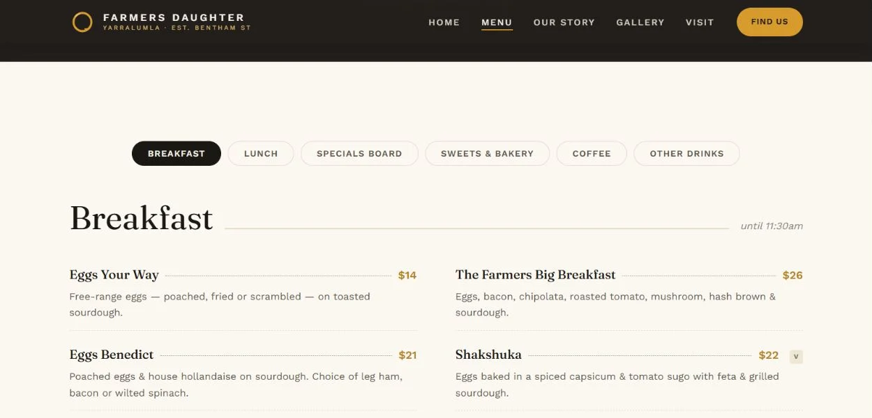 The café’s online menu with category links, prices and dietary labels