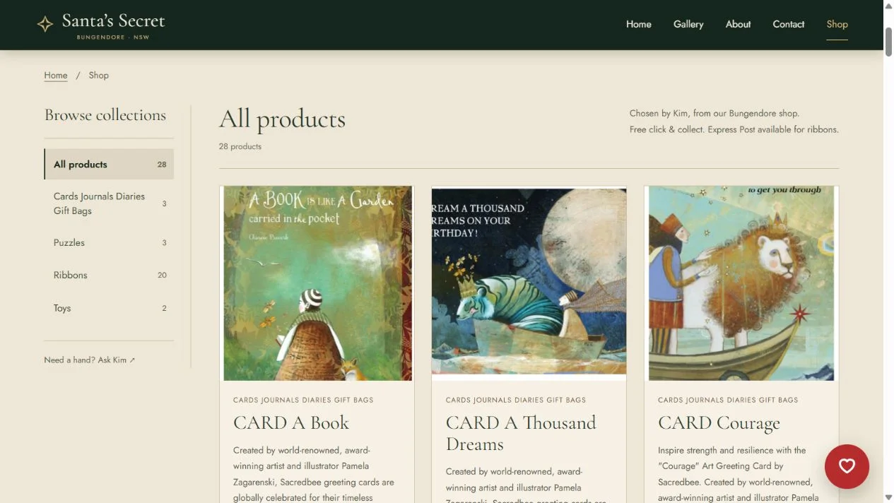 The live Santa’s Secret shop with collection filters and products drawn from the Square catalogue