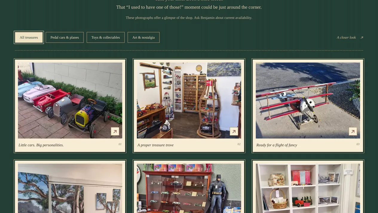 The Toys Of Yesteryear Shop gallery, with filters for pedal cars and planes, toys and collectables, and art and nostalgia above framed photos of pedal cars, shop shelves and a red triplane