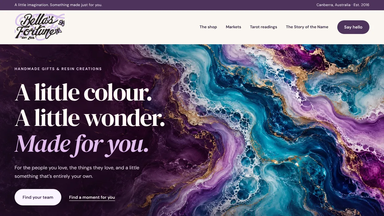The Bella’s Fortune website with a custom-made purple, teal and gold resin artwork