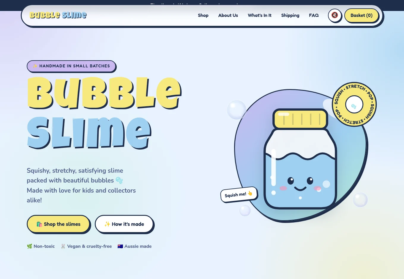 Bubble Slime’s colourful homepage with a smiling illustrated jar and blue-and-yellow lettering