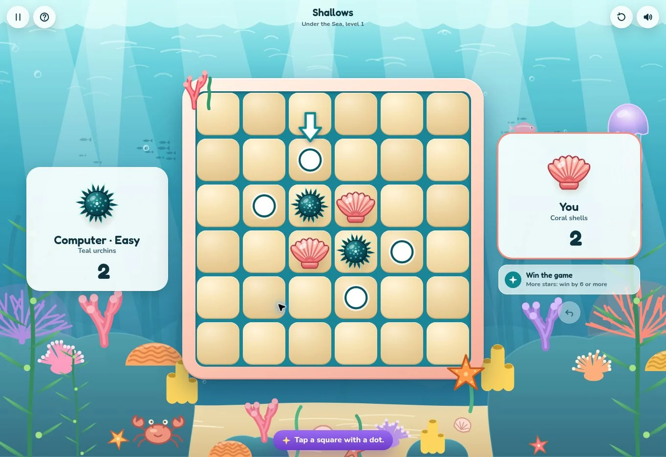 Fliptide’s Shallows level with coral shells and teal sea urchins in the Under the Sea world