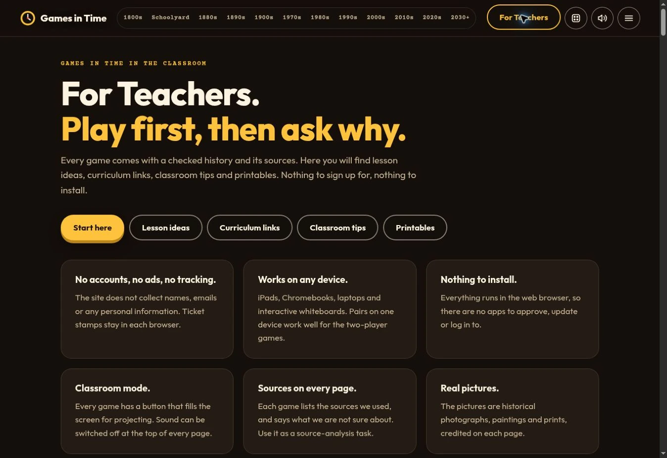 The Games in Time For Teachers page, with lesson ideas, curriculum links, classroom tips and printables