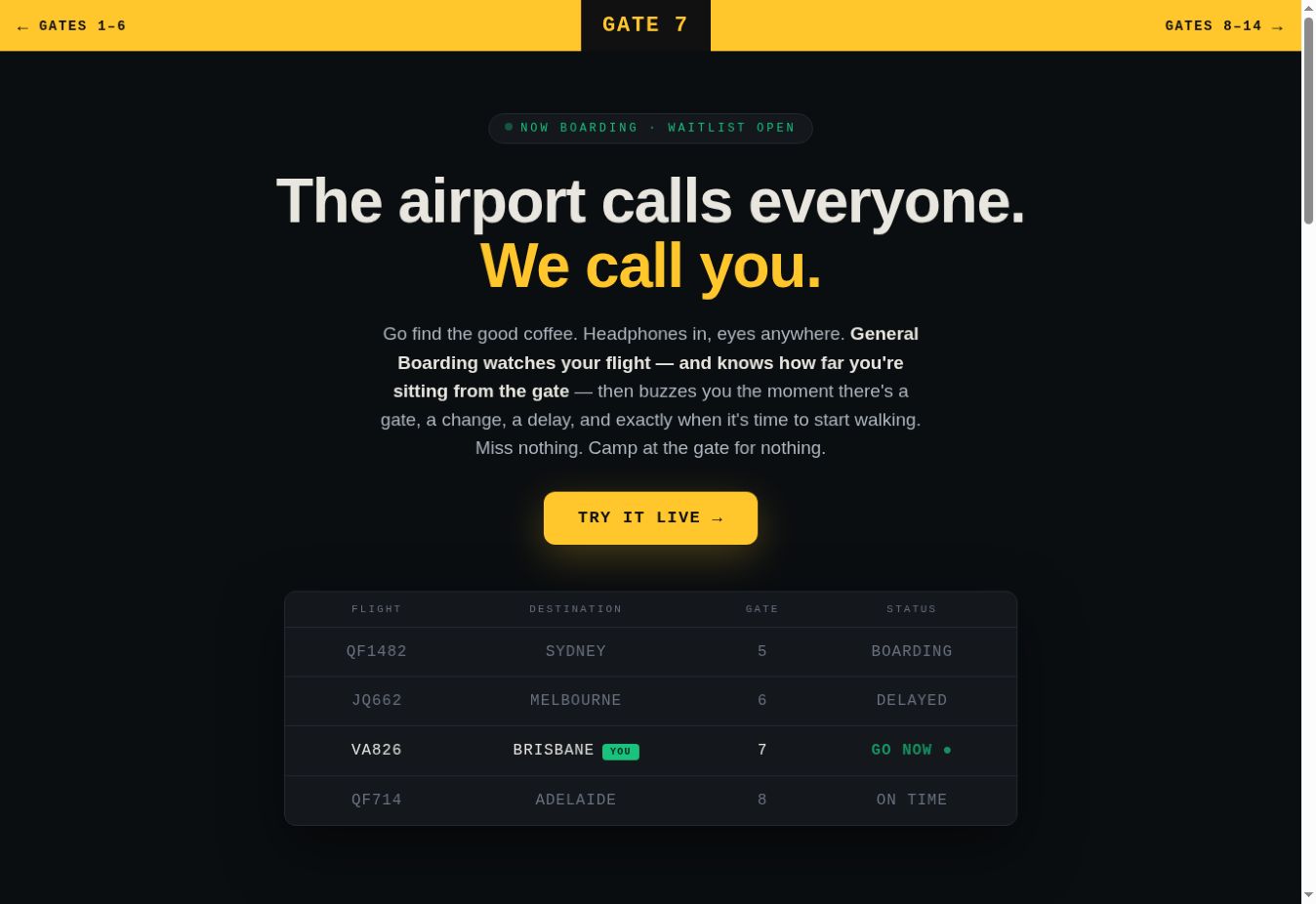 General Boarding’s airport-inspired website, with yellow wayfinding and a flight departures board