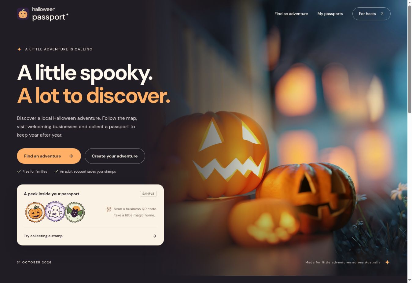Halloween Passport homepage with glowing pumpkins, an adventure map invitation and collectible digital stamps