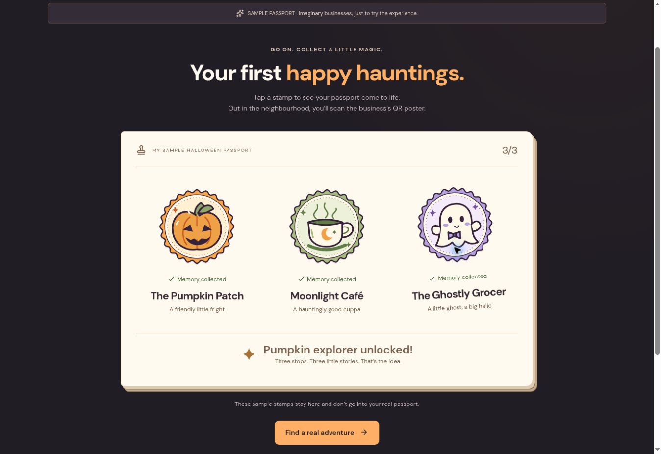The sample Halloween Passport with all three stamps collected: a pumpkin, a moonlit coffee cup and a friendly ghost