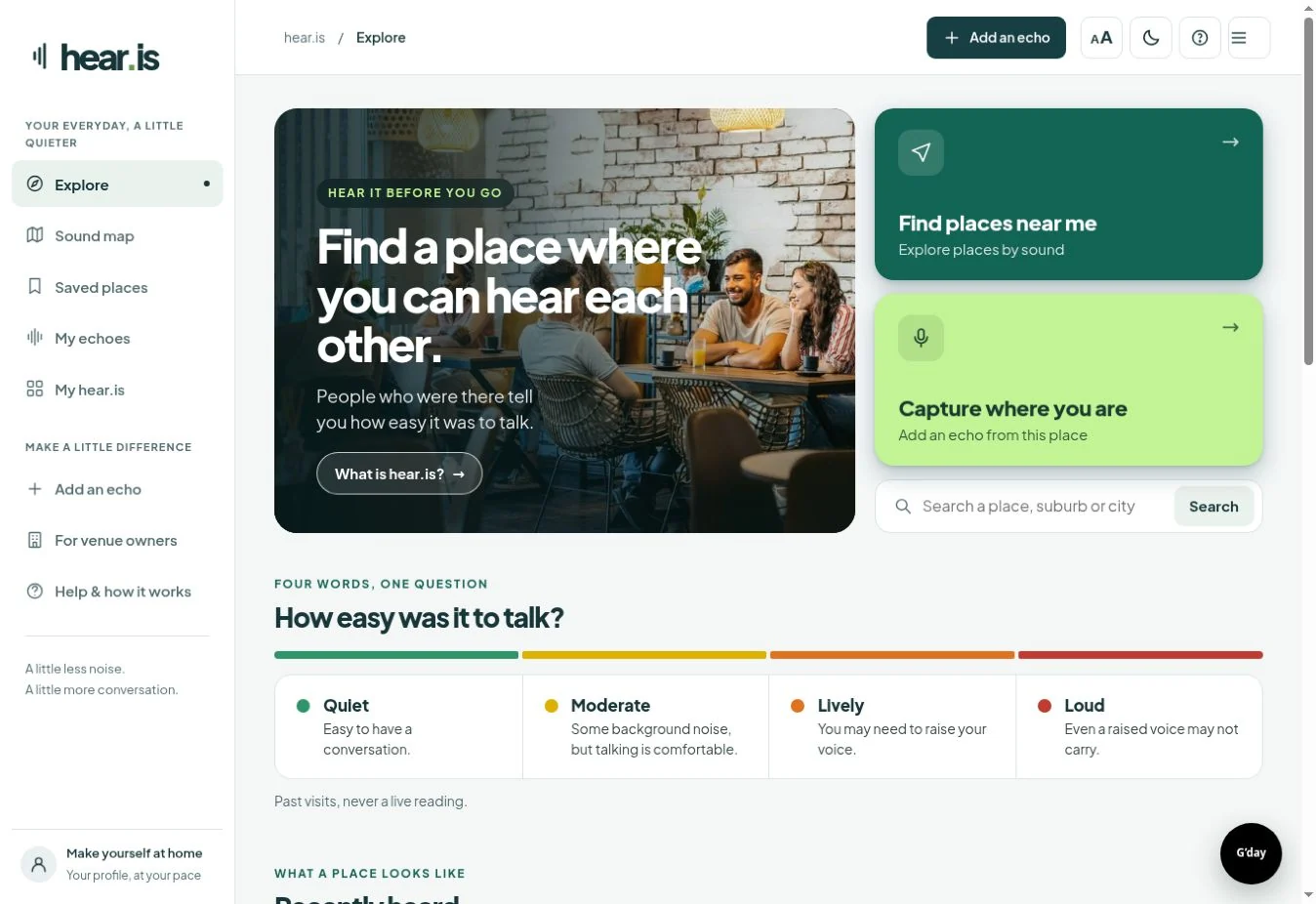 The live hear.is website, with a café conversation and teal place-discovery controls