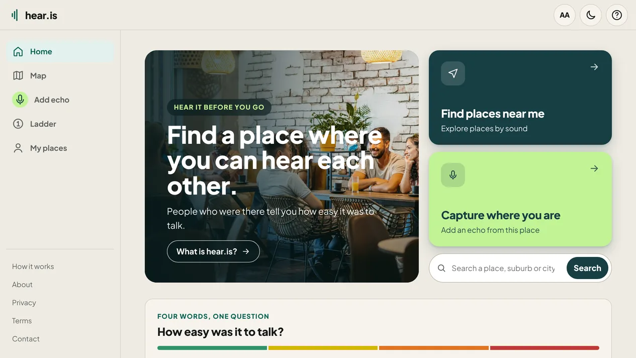 The hear.is website: Find a place where you can hear each other