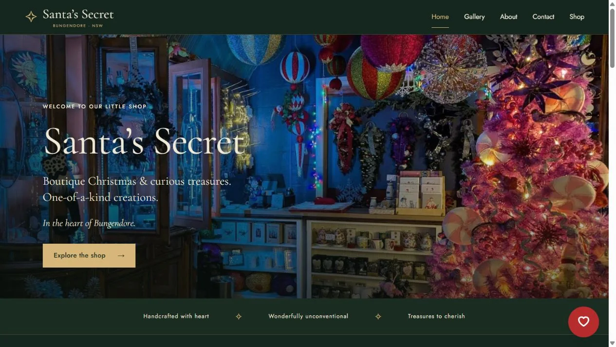 Santa’s Secret website featuring the real shop at night