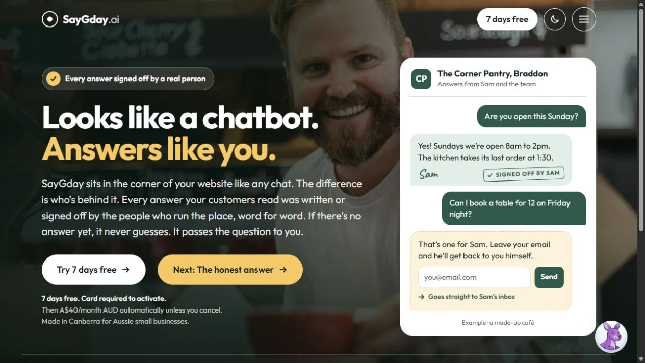 SayGday’s current homepage with café photography and answers signed off by a real person