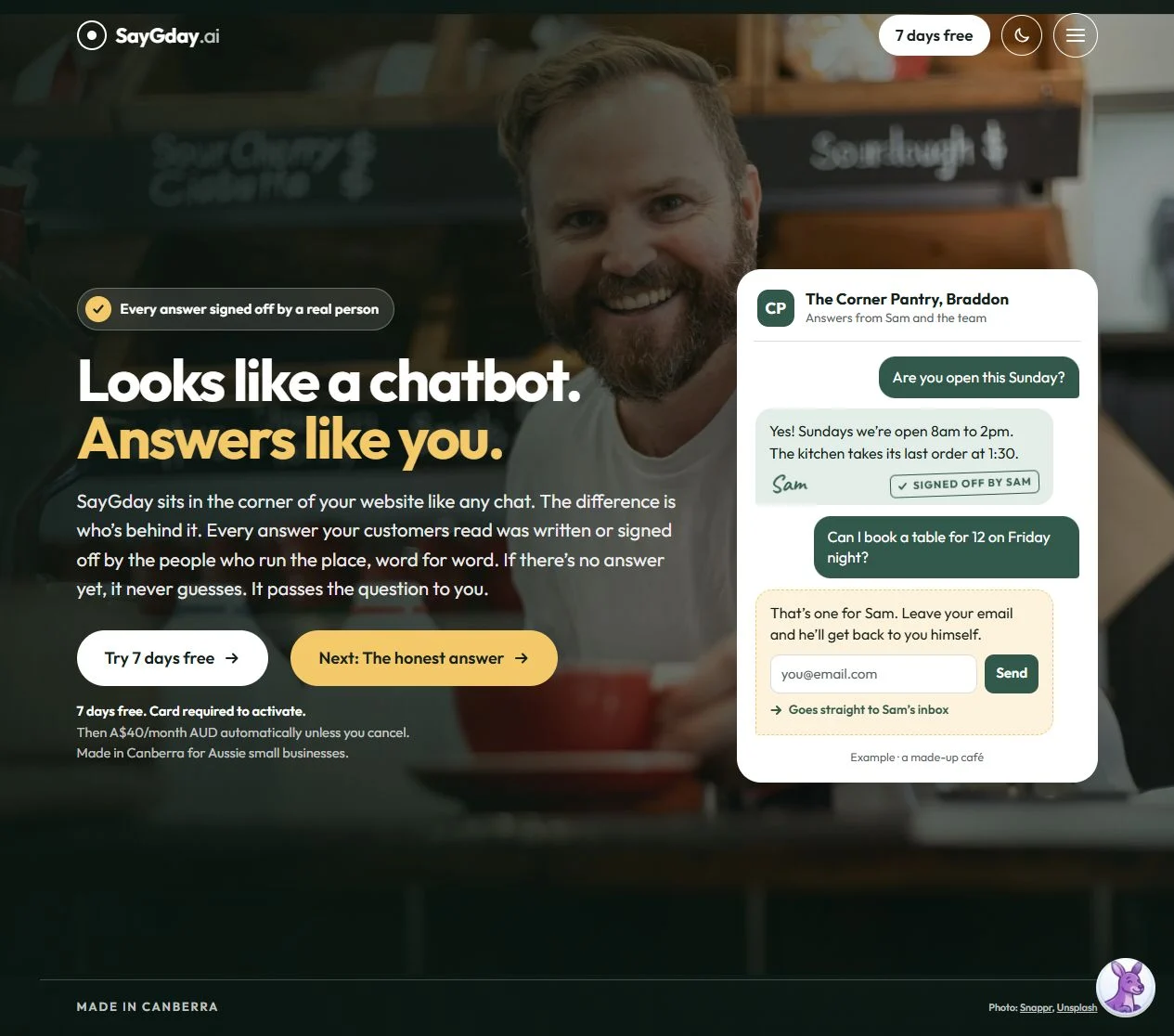 The current SayGday homepage: Looks like a chatbot. Answers like you., beside a café conversation with answers signed off by Sam