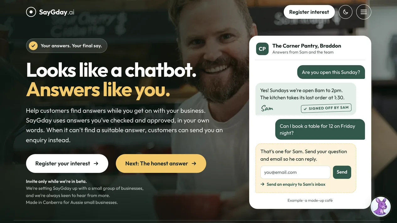 The SayGday.ai homepage with a café owner and a website chat answer signed off by Sam
