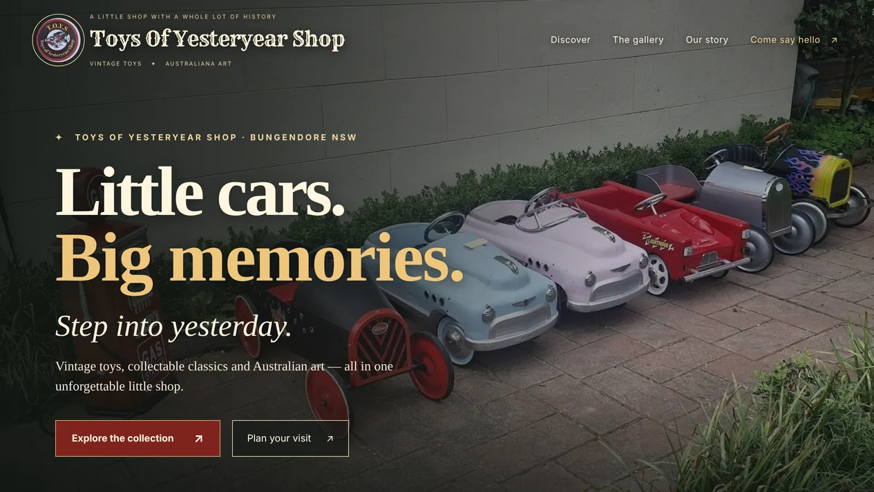 The Toys Of Yesteryear Shop website with a row of vintage pedal cars and the words Little cars. Big memories.