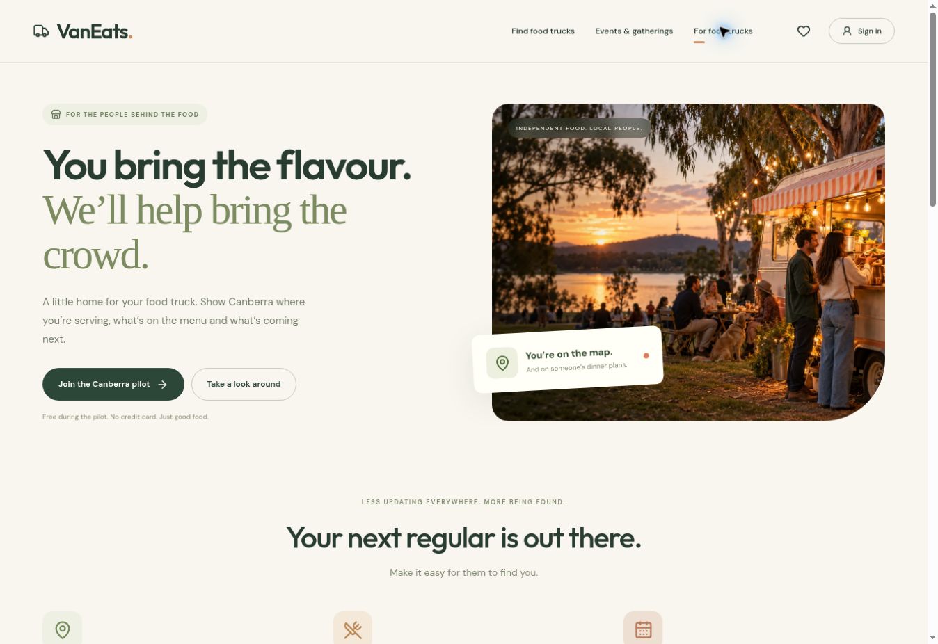 VanEats’ food truck owner page, with an invitation to join the Canberra pilot and a warm outdoor food truck scene